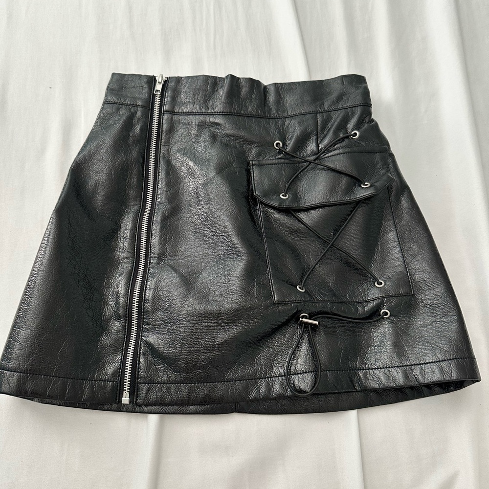 LF Black Faux Leather Skirt with Lace-Up Detail